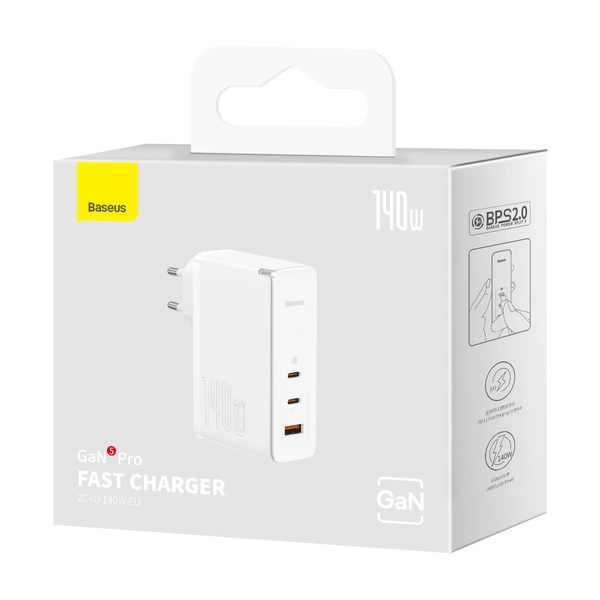 Baseus GaN5 Pro140W Fast Charger 2x Type-C 1XUSB EU 240W Cable White (CCGP100202) - Gtel baseus gan5 pro140w fast charger 2x type c 1xusb eu 240w cable white ccgp100202 6